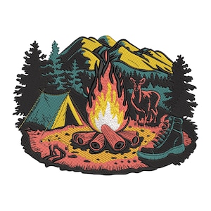 May include: Embroidered patch featuring a campfire scene with a tent, mountains, and a deer. The fire has red, orange, and yellow flames. A hiking boot is on the right. The patch is designed with black, teal, yellow, and coral colors.