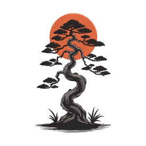 May include: Black and gray embroidered bonsai tree design with an orange sun in the background. The tree has a twisted trunk and dark green foliage. The design is on a white background.