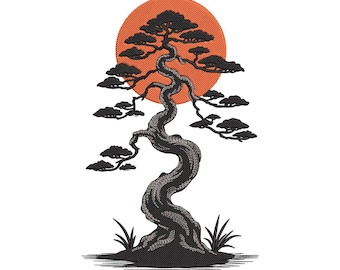 Bonsai Tree Sunset Embroidery Design, Oriental Trees & Sun Machine Embroidery File, Instant Download