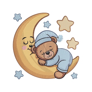 May include: An embroidered design featuring a sleeping teddy bear wearing a blue nightcap and pajamas, resting on a crescent moon. The moon is yellow with a smiling face, surrounded by blue and tan stars.