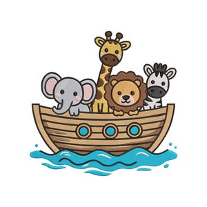 May include: An embroidered design featuring an ark with an elephant, giraffe, lion, and zebra. The ark is brown with blue water below. The animals are in various colors, including gray, yellow, and brown.
