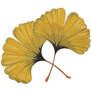 May include: An embroidered design featuring two ginkgo leaves. The leaves are a bright yellow with black detailing, set against a white backdrop. The stems are crossed, and the tips are a reddish-orange. The design has a detailed, textured appearance.