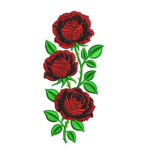 Könnte beinhalten: Gesticktes Design mit drei roten Rosen in voller Blüte, vertikal angeordnet. Die Rosen weisen detaillierte Schattierungen auf und werden von grünen Blättern und Stielen begleitet, vor weißem Hintergrund. Geeignet für Textilverzierungen.
