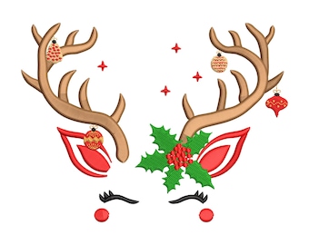 Christmas Reindeer Face Embroidery Design, Antlers with Ornaments & Holly Machine Embroidery File