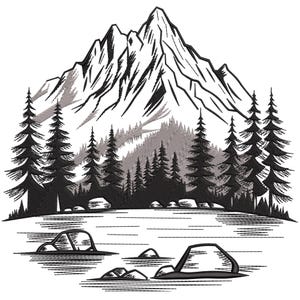 Puede incluir: Ilustración en blanco y negro de un paisaje montañoso. Un gran pico montañoso domina la escena, con un bosque de pinos en primer plano. Un lago con rocas está en primer plano. La imagen es un dibujo lineal detallado.