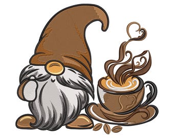 Gnome with Coffee Cup Embroidery Design, Gnomes Hot Drink Machine Embroidery File, Instant Download