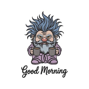 Puede incluir: Diseño bordado de un gnomo gruñón con pelo azul, una larga barba blanca y una nariz roja, sosteniendo dos tazas de café. El gnomo lleva una bata morada. Las palabras "Good Morning" están escritas debajo.