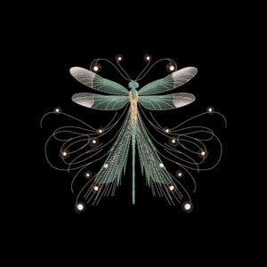 May include: An embroidered dragonfly design on a black background. The dragonfly features teal wings with white accents, a tan body, and delicate white and gold embellishments. The design has a detailed, artistic appearance.