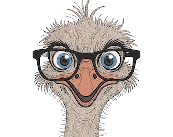 Funny Ostrich Embroidery Design, Cute Bird with Glasses Machine Embroidery File, Instant Download