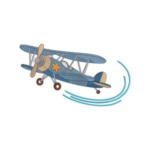 May include: A blue biplane with a tan propeller and a star on the side is depicted in flight. The cartoon-style airplane has brown wheels and is leaving blue curved trails behind it, suggesting motion.