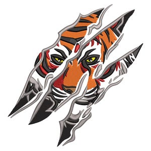 May include: An embroidered design featuring a tiger's face emerging from claw marks. The tiger has orange and black stripes, yellow eyes, and red accents. The claw marks are gray and black, creating a 3D effect.
