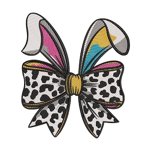 Bunny Ears Bow Embroidery Design, Rabbit Ear with Leopard Pattern Machine Embroidery File