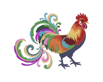 May include: A colorful rooster illustration with a detailed design. The rooster features a red comb, yellow and orange body, and a vibrant tail with green, blue, purple, and yellow swirls. The artwork is set against a white background.