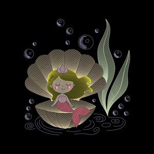 May include: A cartoon mermaid with yellow hair and a purple crown sits inside a seashell. The mermaid wears a pink top and tail. Bubbles and seaweed surround the shell, all against a black background. The image has an embroidered appearance.