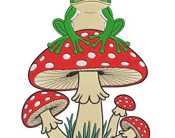 Frog on Toadstool Embroidery Design, Funny Frog Embroidery File, Animal Embroidery Machine File, Cute Frog Embroidery Design EMB, PES, Vp3