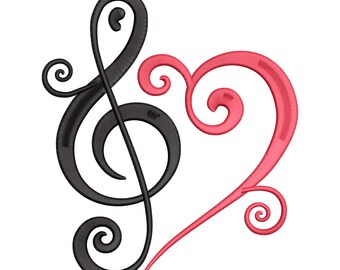 Treble Clef Heart Embroidery Design, Music Love Machine Embroidery File, Instant Download