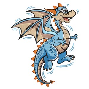 Puede incluir: Ilustración de dibujos animados de un dragón azul con alas color canela y detalles en naranja. El dragón sonríe y parece estar en movimiento, con líneas estilizadas que sugieren movimiento. El dragón tiene manchas azules y púas naranjas.