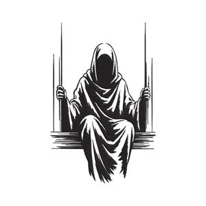 May include: Black and white illustration of a hooded figure seated on a swing. The figure is draped in a flowing robe, holding onto the swing's supports. The artwork has a minimalist, gothic aesthetic, with a focus on shadows and texture.