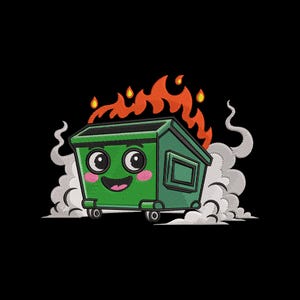 May include: An embroidered design of a green dumpster on fire, with a smiling face and pink cheeks. The dumpster has wheels and is surrounded by white smoke and orange flames against a black background.