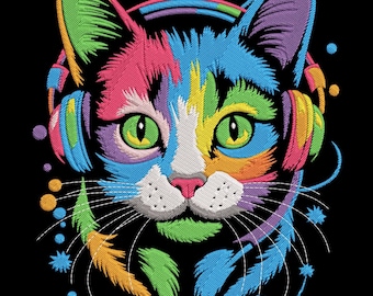 May include: A colorful embroidered cat face with headphones on a black background. The cat's fur is segmented into vibrant sections of pink, green, blue, yellow, and purple. The headphones and cat's eyes are also multi-colored.