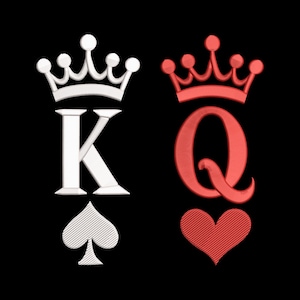 May include: A black background features the white letter "K" with a crown and a spade symbol, and the red letter "Q" with a crown and a heart symbol. The design is reminiscent of playing cards.