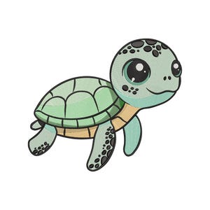 Pode incluir: Ilustração de desenho animado de uma tartaruga marinha. A tartaruga tem uma carapaça verde claro com segmentos verdes mais escuros, uma cabeça verde claro e olhos grandes e expressivos. Suas barbatanas e cabeça têm manchas pretas e uma expressão sorridente.