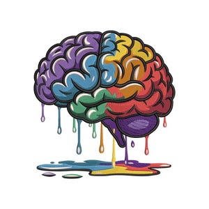 Pode incluir: Ilustração de um cérebro colorido com efeito de derretimento. O cérebro é dividido em seções roxas, azuis, verdes, amarelas e vermelhas, com gotejamentos correspondentes e uma poça colorida na base, em um fundo branco.