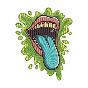 May include: Embroidered patch featuring an open mouth with a blue tongue sticking out. The mouth is outlined in pink and has yellow teeth. The design is surrounded by a green and yellow splatter effect, all on a white background.