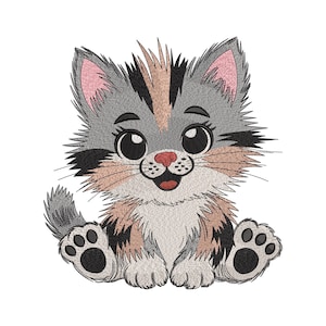 May include: A cartoon-style image of a kitten with large, expressive eyes and a smiling face. The kitten has gray, black, and tan fur, with pink accents on the ears and nose. The paws are black with white pads. The kitten is sitting upright.