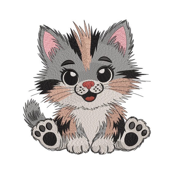 Sitting Kitten Embroidery Design, Fluffy Cat Cartoon Machine Embroidery File, Instant Download