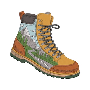May include: Embroidered hiking boot illustration. The boot is primarily yellow-orange with brown and green accents. The side of the boot features a landscape design with mountains, trees, and a road. Gray laces and a black top complete the design.