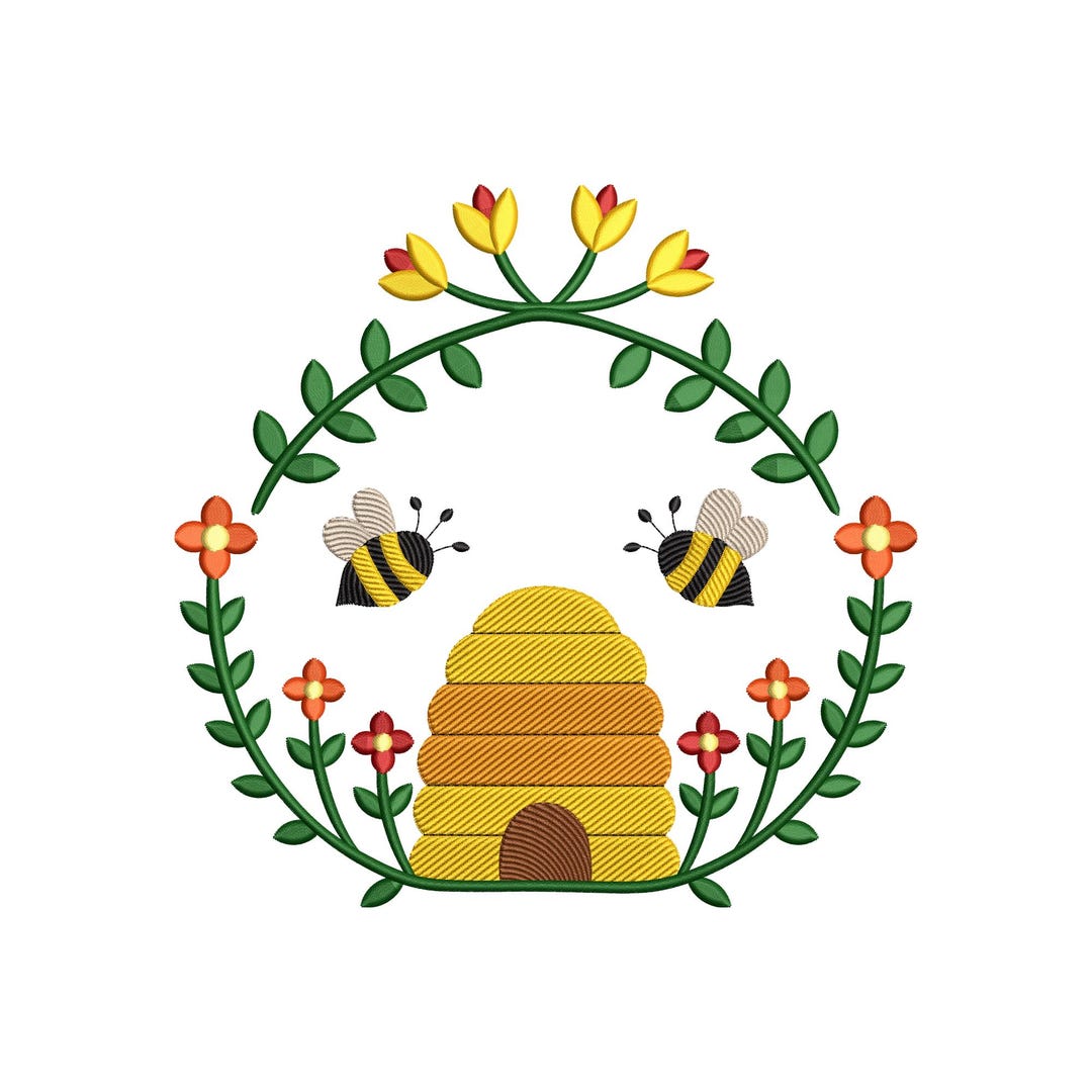 Beehive Floral Embroidery Design, Honey Bee Garden Machine Embroidery ...