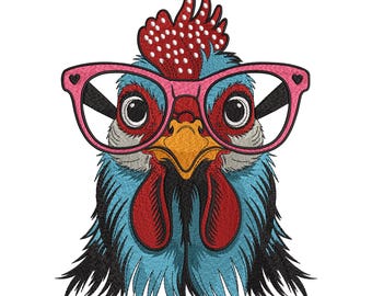 Funny Chicken with Glasses Embroidery Design, Cute Rooster Face Machine Embroidery File, Instant Download