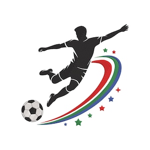 Könnte beinhalten: Schwarze Silhouette eines Fußballspielers, der einen Ball tritt. Der Spieler befindet sich in der Luft mit ausgestreckten Armen. Eine geschwungene Spur aus roten, grünen und blauen Linien mit Sternen folgt der Bewegung des Spielers.