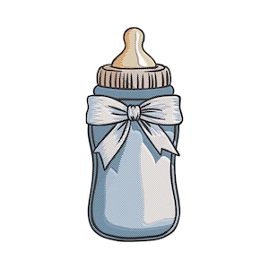 May include: A baby bottle illustration in light blue with a white bow. The bottle has a beige nipple and a textured design. The image is a digital illustration, perfect for baby-themed products.