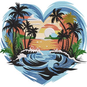 Può includere: Design ricamato a forma di cuore con una scena di spiaggia tropicale. Palme, onde e un tramonto sono raffigurati in nero, verde, arancione, giallo e blu. Adatto per abbigliamento o decorazioni per la casa.