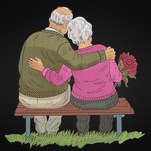 May include: An embroidered image of an elderly couple sitting on a park bench, embracing. The man wears a green sweater, and the woman wears a pink sweater, holding a bouquet of red flowers. The bench is brown, and the background is black.