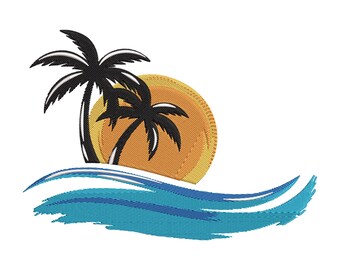 Tropical Palm Tree Sunset Beach Embroidery Design, Summer Ocean Machine Embroidery File, Instant Download