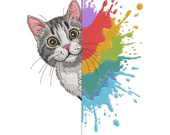 May include: Embroidered design featuring a gray and white cat peeking from behind a vertical line. The cat has yellow eyes and a pink nose. A colorful paint splatter effect in red, orange, yellow, green, blue, and purple is on the right side.