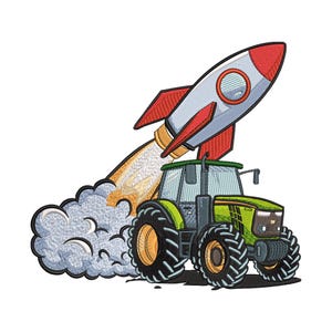 May include: An embroidered design featuring a green tractor with large black tires, and a rocket blasting off. The rocket is silver with red fins and a red nose cone. A cloud of smoke trails behind the rocket.