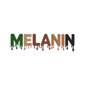 Op de afbeelding: Het woord "MELANIN" in verschillende kleuren, waaronder groen, bruin, bruin en zwart, met een druppeleffect. De letters hebben een gestructureerd, gestreept patroon en de achtergrond is wit.