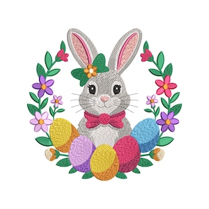Easter Bunny with Eggs Embroidery Design, Spring Rabbit Machine Embroidery File, Instant Download