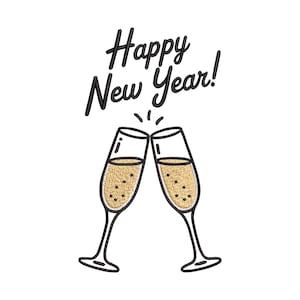 May include: An embroidered design featuring two champagne flutes clinking together, filled with bubbly liquid. The words "Happy New Year!" are written above in a stylish script font. The image is set against a white background.