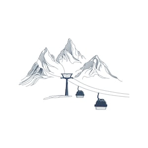 Puede incluir: Dibujo lineal de una escena de montaña con tres picos y un telesilla. Las montañas están detalladas con sombreado, y el telesilla tiene dos góndolas. La imagen es en tonos azules y blancos.