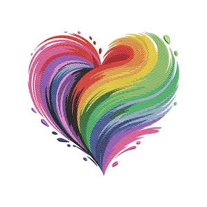 以下が含まれることがあります： 赤、オレンジ、黄色、緑、青、紫を含む虹色の色合いのカラフルなハートのデザイン。 ハートは、テクスチャ加工された曲線で構成され、エッジの周りに色の飛沫があります。 デザインは白い背景に設定されています。