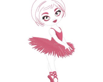 May include: An embroidered design of a young ballerina in a pink tutu and pointe shoes. The illustration features a stylized face with large eyes and a sweet expression. The design is suitable for apparel, accessories, or home decor.