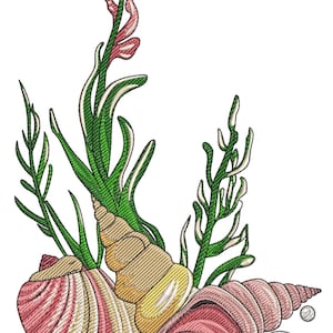 May include: An embroidered design featuring seashells and aquatic plants. The image showcases a variety of seashells in shades of pink, tan, and yellow, complemented by green and pink seaweed. Two pearls are also included in the design.