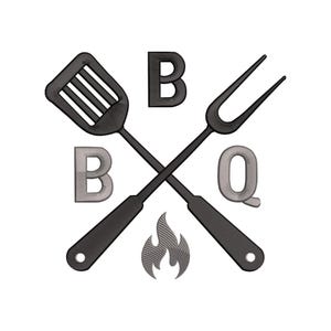May include: A black BBQ logo with a spatula and fork crossed over each other. The letters "B" and "Q" are displayed, along with a flame graphic. The logo is on a white background.