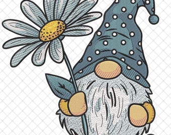 Gnome with a Daisy Embroidery Design, Gnome Machine Embroidery File, Gnome and Flower Embroidery, Floral Gnome Embroidery EMB, PES, Vp3 File