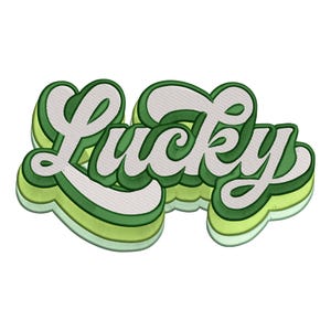 May include: The word "Lucky" in a retro, 3D design. The text is white with a textured pattern, outlined in shades of green and yellow. The design has a layered effect, creating a sense of depth and dimension against a white background.